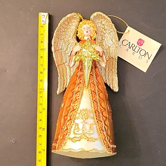 NEW Angel with Star Ornament, Gold & Cream Painted Glass, Glitter - Picture 8 of 14